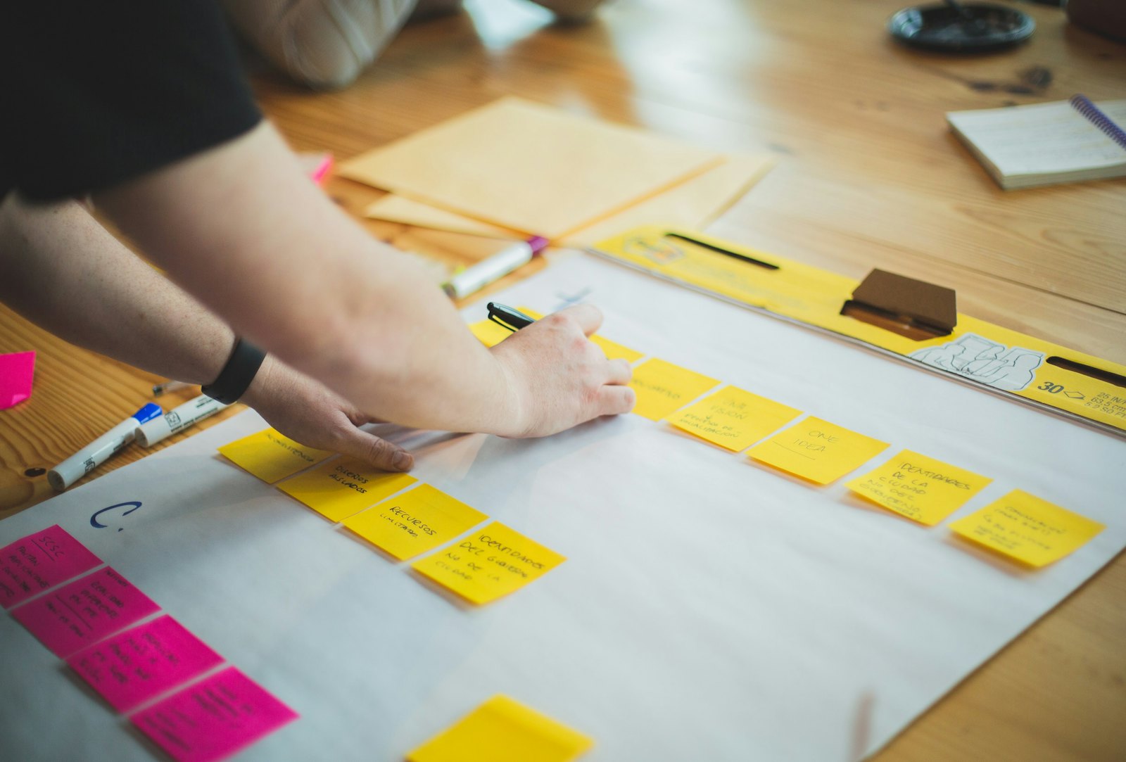 Hands arranging sticky notes to map a process before starting workflow automation for small business